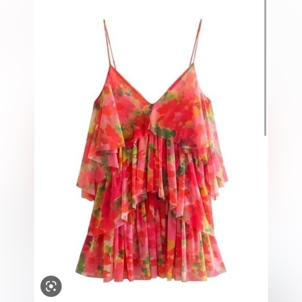 Zara NWT pink printed tulle floral mini dress 5039/626